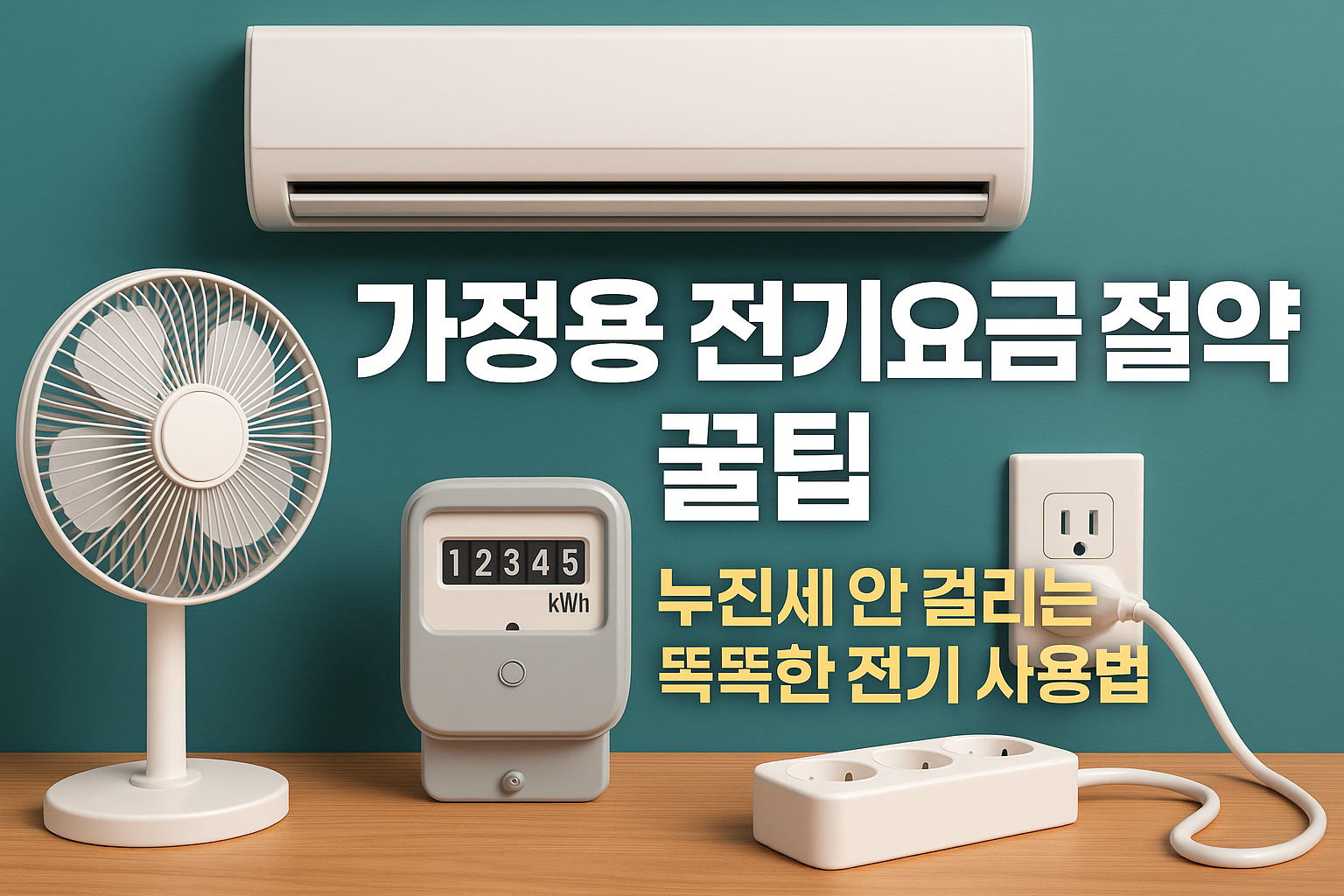 전기를 사용을 연상하는 에어컨, 선풍기, 멀티탭과 전기사용량을 나타나내는 계량기를 표현한 그림