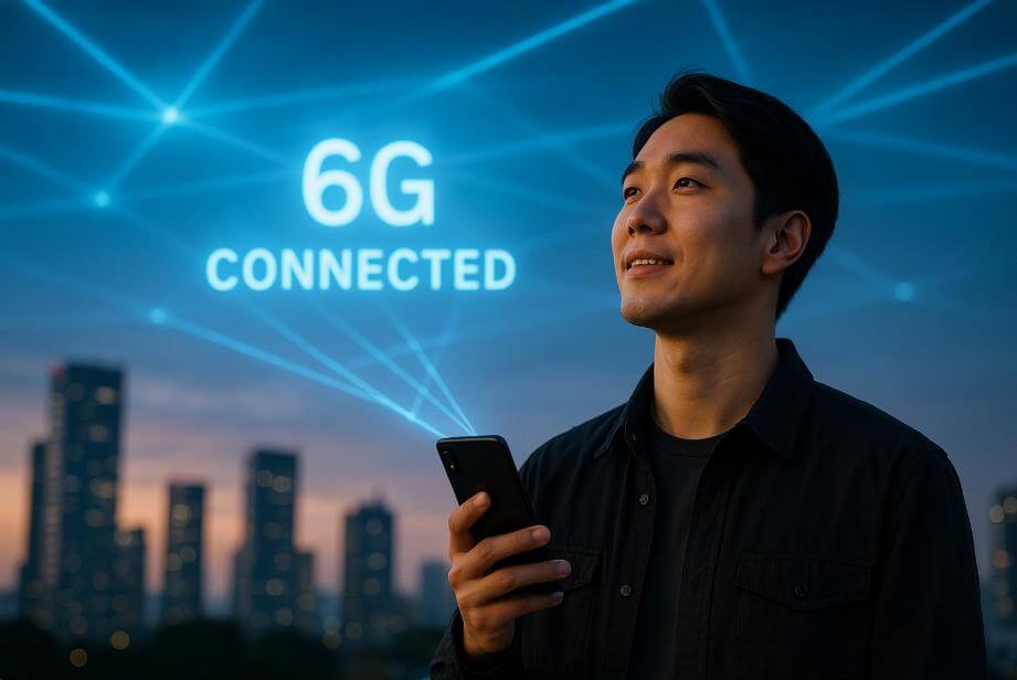 6G 통신망이 하늘을 경유해 연결되는 장면