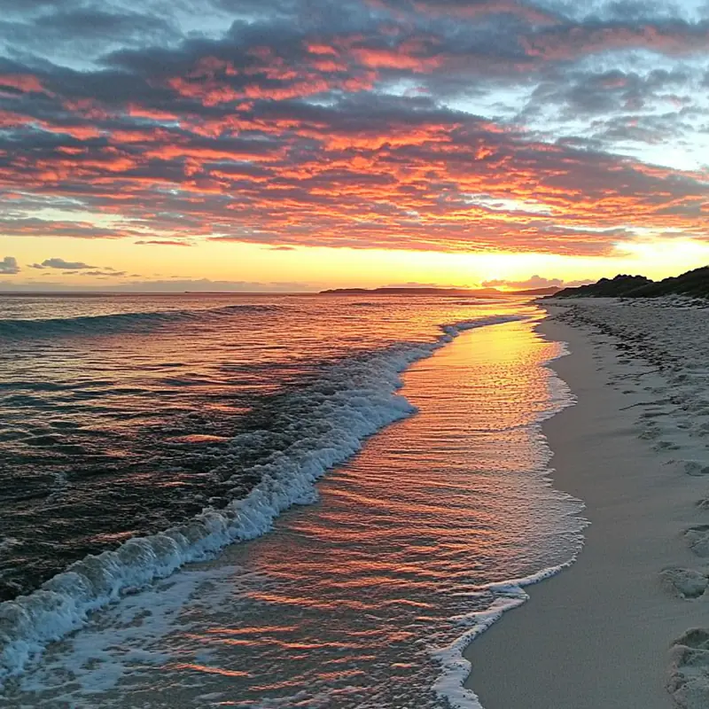 일출의 고요한 해변 장면은 지혜로운 장기 투자 전략의 평온함과 인내를 상징하며, 안정된 재정적 삶을 위한 시작을 묘사합니다.