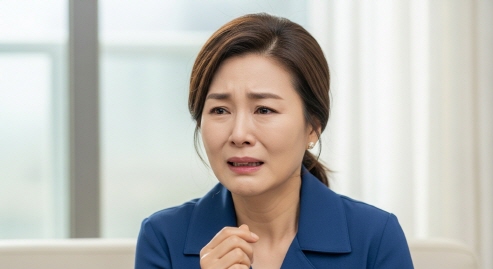 중년 여성이 드라마를 보며 감정적으로 흔들리는 모습