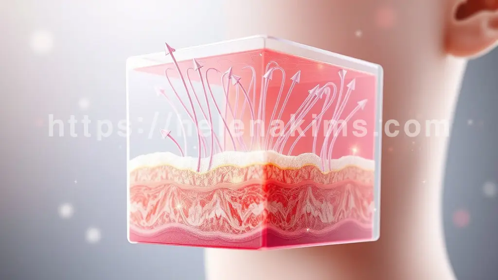 인체 피부의 투명한 3D 단면을 보여주며, 피부 속 진피층과 피하 조직이 섬세하게 표현 된 이미지.