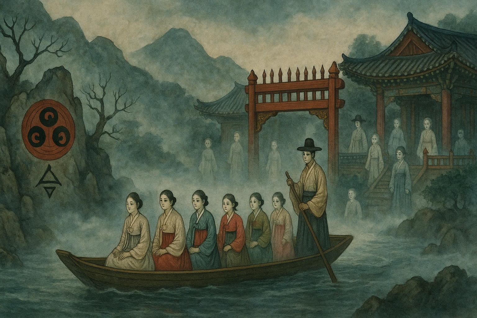 강물에 띄어진 배에 6명의 영혼을 싣고 떠나는 저승사자