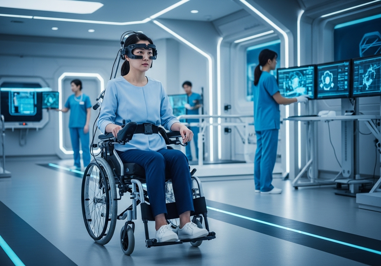 a wheelchair controlled by her thoughts via a BCI headset