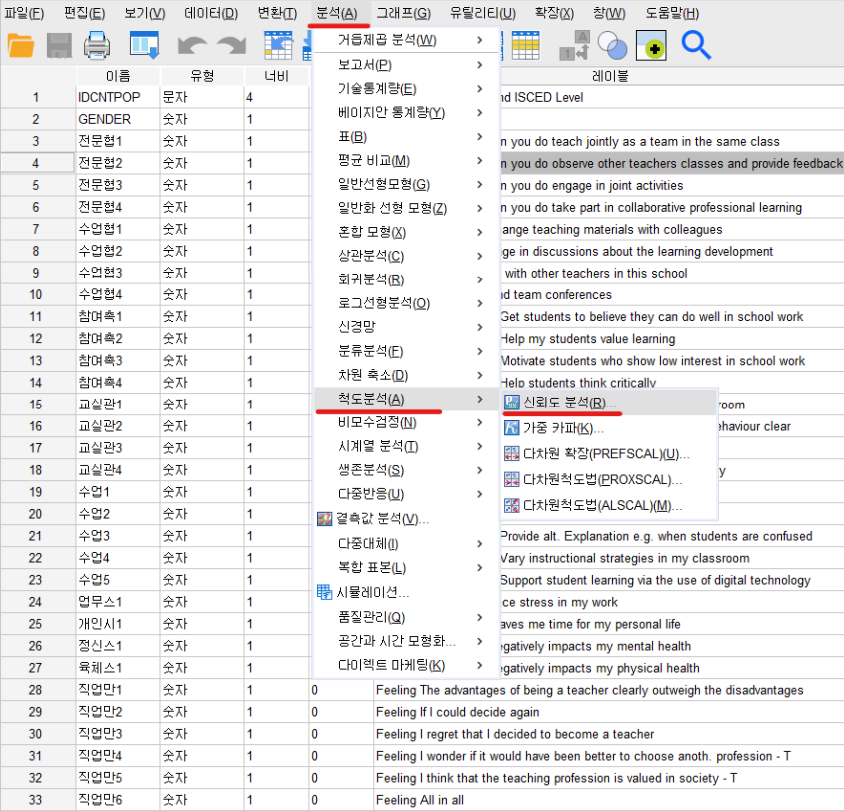 분석 &gt; 척도 &gt; 신뢰도분석 클릭