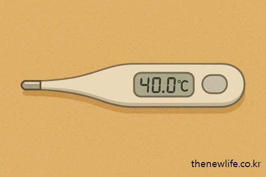 Digital thermometer showing 40.0°C, indicating a high fever commonly seen in heatstroke cases. / 디지털 체온계가 40.0도를 가리키며, 열사병에서 흔히 나타나는 고열 상태를 나타냅니다/열사병과 일사병 의 차이 설명 이미지