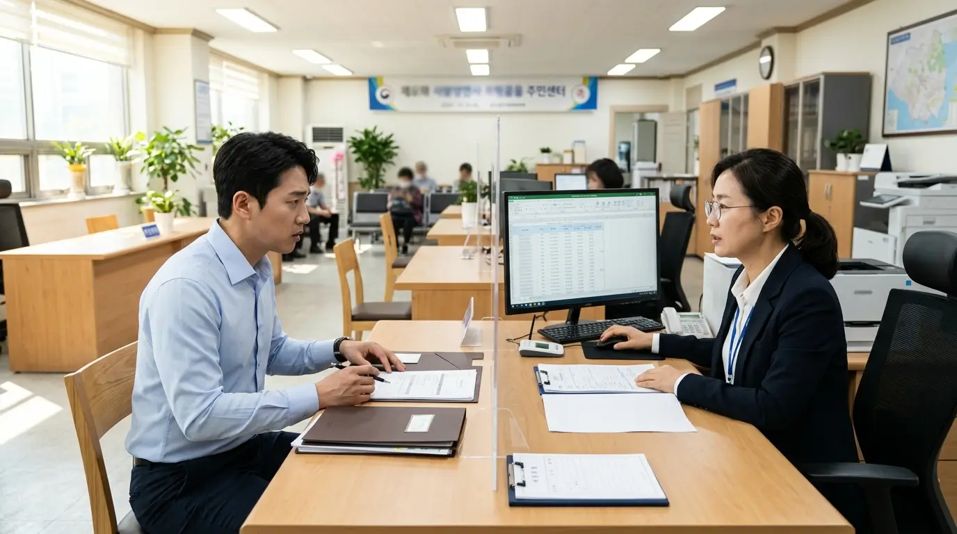 법원 개인파산 신청 자격 요건 통과를 위해 주민센터 민원 창구에서 소득 증빙 공백 소명 서류를 점검하는 과정
