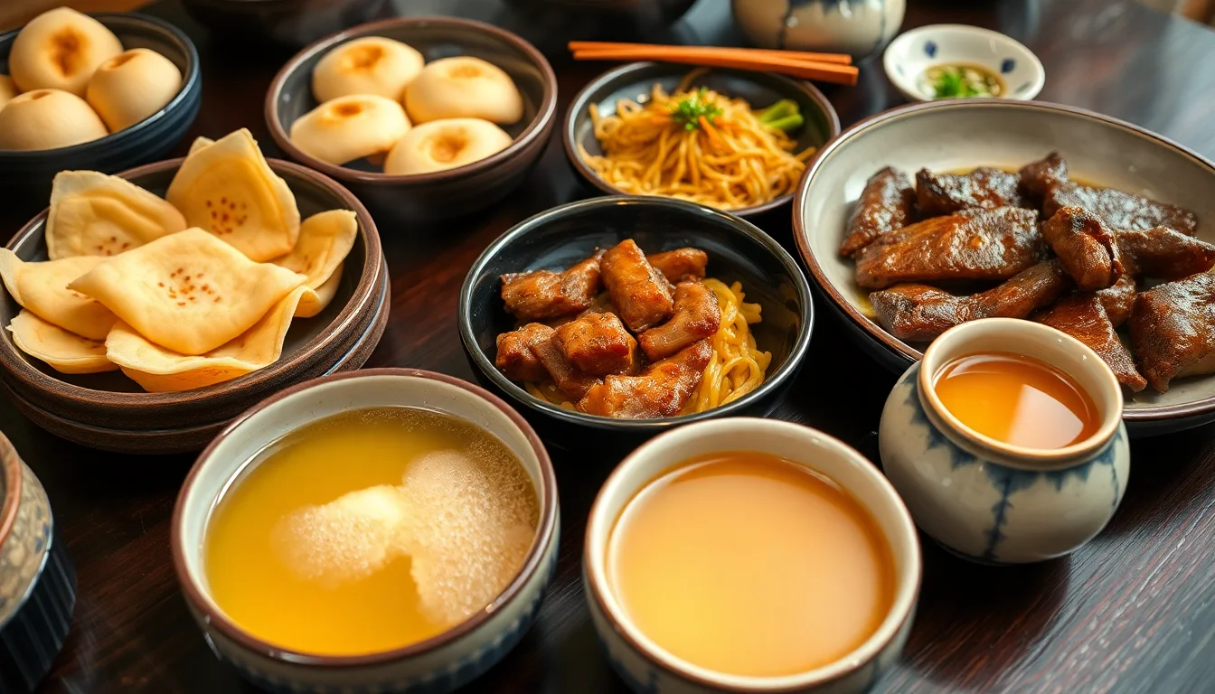 따뜻한 조명 아래 정갈하게 차려진 명절 음식과 막걸리