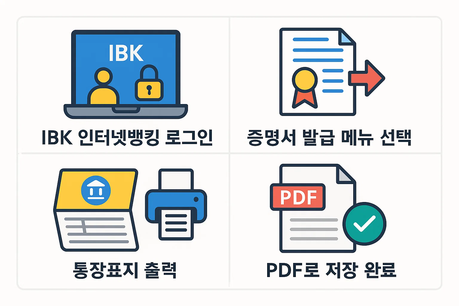 IBK 인터넷뱅킹 로그인부터 증명서 발급 메뉴 선택, 통장표지 출력, PDF 저장 완료까지의 순서를 단계별로 정리한 인포그래픽.