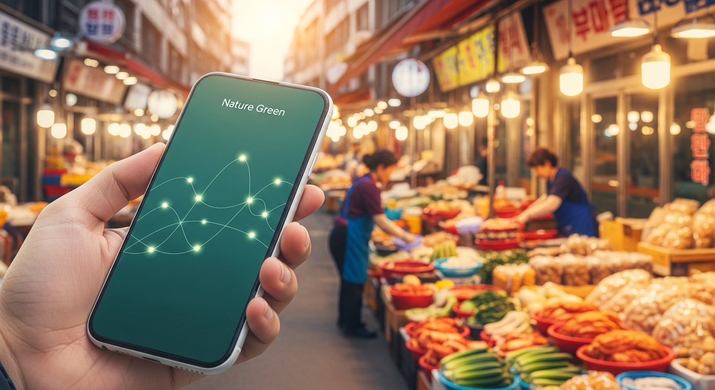 스마트폰으로 디지털 온누리 상품권 앱을 사용해 전통시장에서 결제하는 손의 모습. 활기찬 시장 풍경과 디지털 결제의 편리함을 보여줍니다.