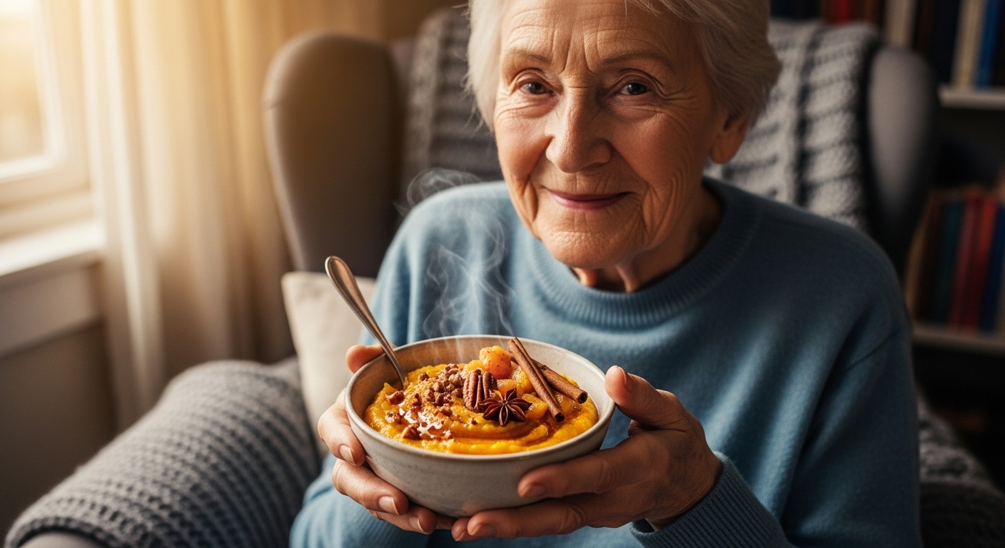 따뜻한 고구마 죽이나 과일 간식을 들고 편안하게 미소 짓는 노인의 모습