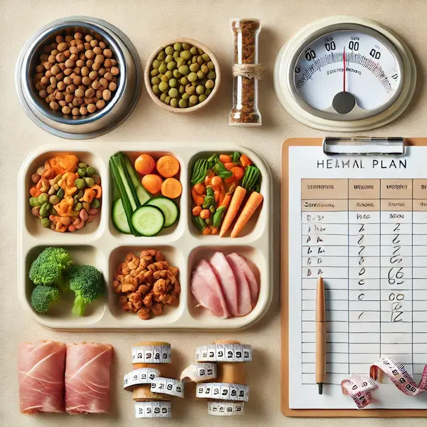 비만 강아지를 위한 건강한 식단 구성: 채소와 살코기, 계량컵, 체중 기록지와 함께 제공된 사료