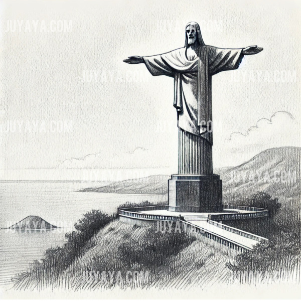 동티모르 딜리의 크리스투 레이 동상을 자연스러운 연필 선으로 그린 스케치 이미지.