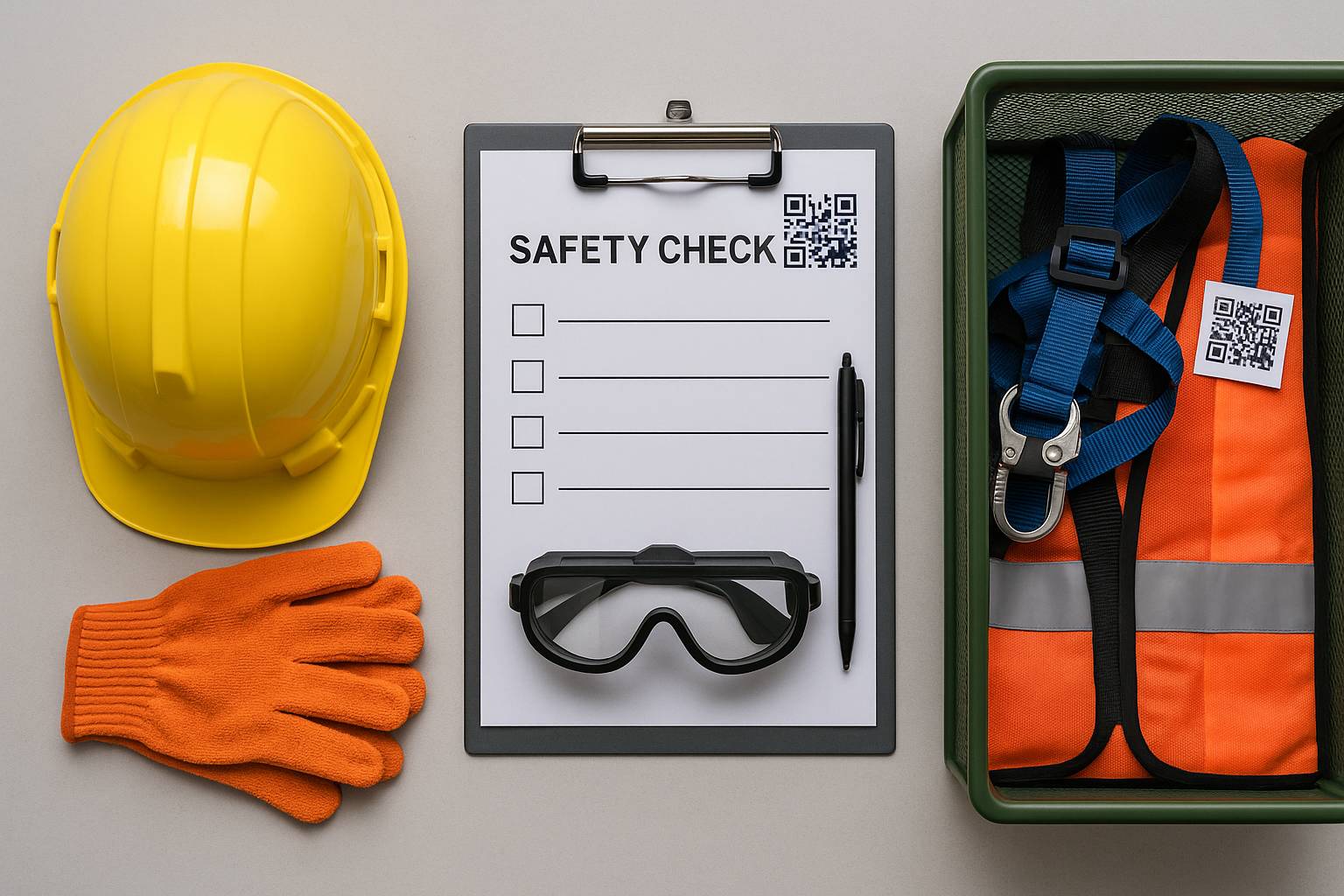 헬멧, 장갑, 보안경, 안전벨트와 체크리스트가 정리된 2025년 안전장비 점검 이미지