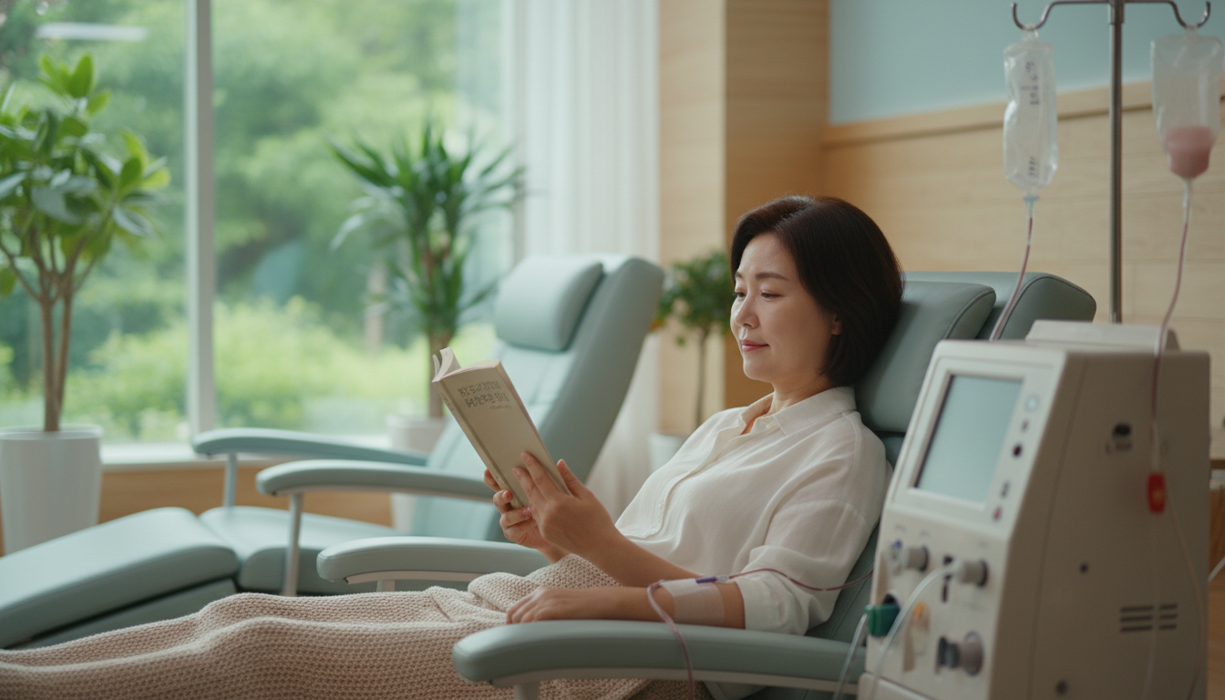현대적인 시설에서 차분하게 투석 치료를 받고 있는 환자의 모습. 평온하고 안정된 분위기입니다.