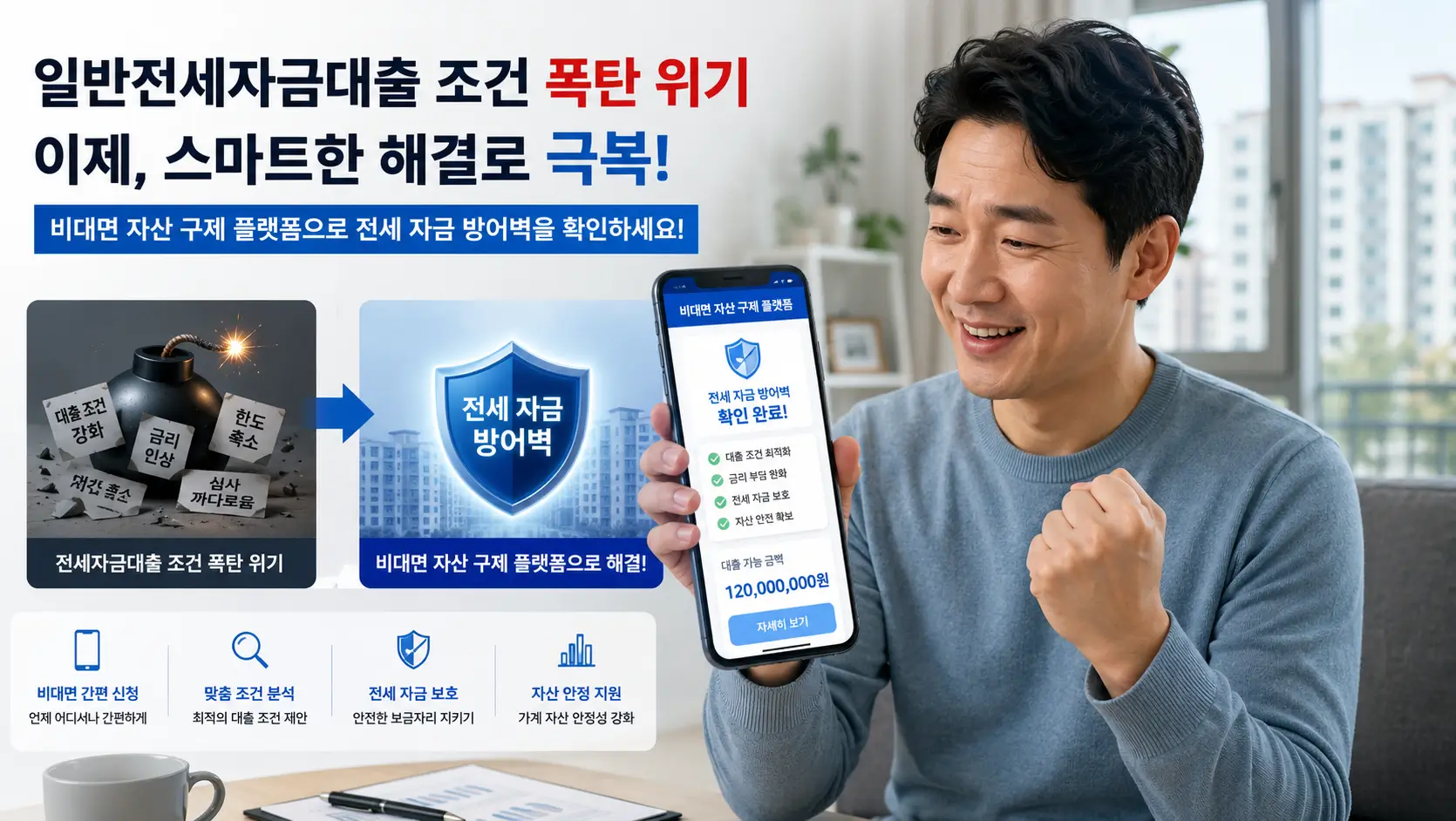 일반전세자금대출 조건 폭탄 위기를 극복하고 비대면 자산 구제 플랫폼으로 전세 자금 방어벽을 확인하여 안도하는 가장