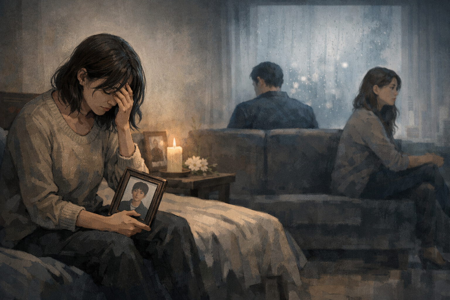 상실 이후 슬픔 속에서 고인을 떠올리며 혼자 앉아 있는 여성의 모습