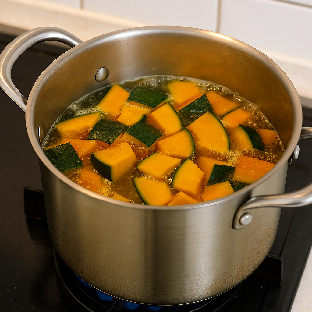 손질한 단호박을 넣고 잠길 정도로 물을 부은 뒤 푹 끓입니다.