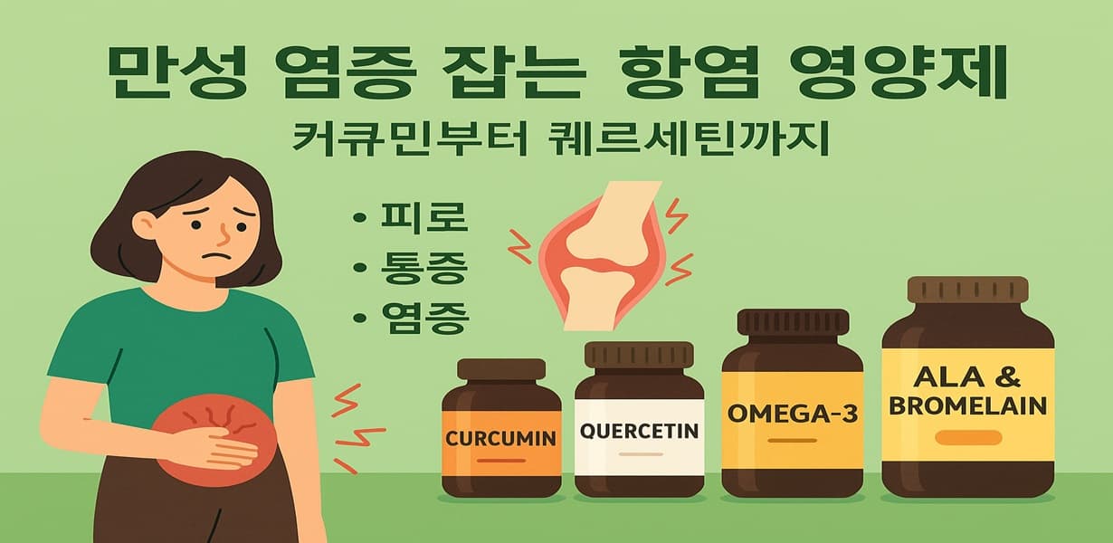 복부 통증을 호소하는 여성과 커큐민, 퀘르세틴, 오메가3, ALA&브로멜라인 보충제가 함께 구성된 항염 영양제 인포그래픽