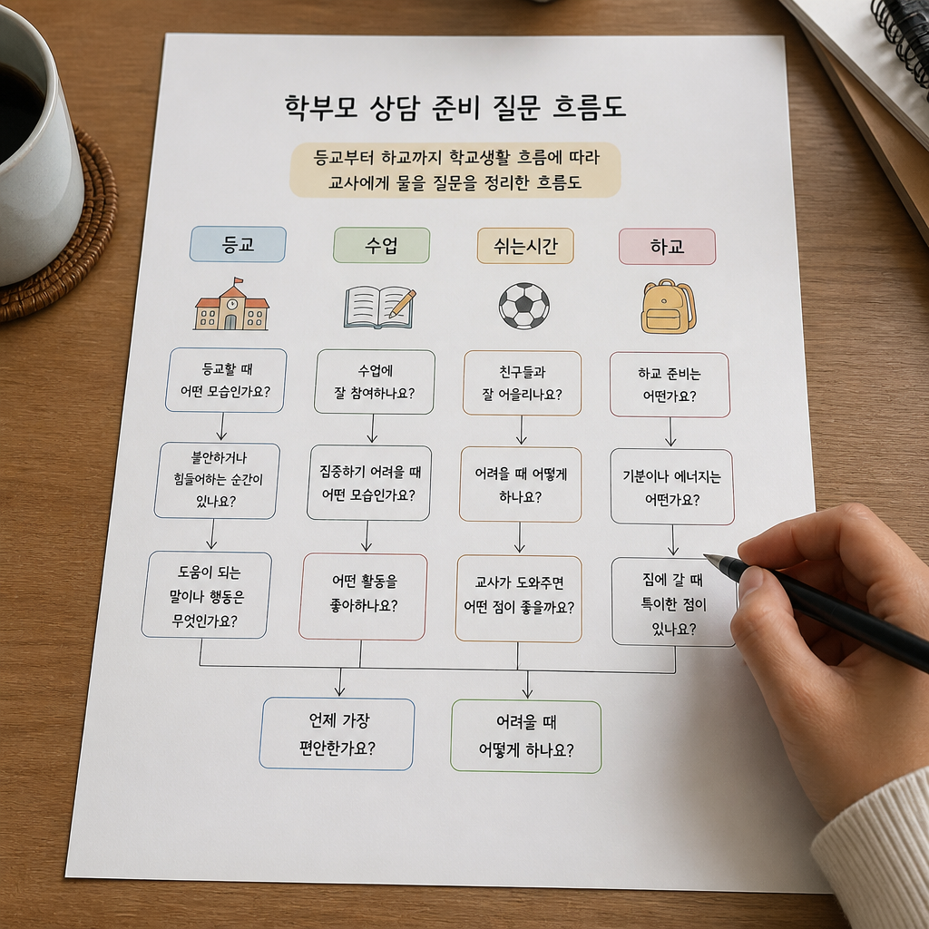 등교부터 하교까지 학교생활 흐름에 따라 교사에게 물을 질문을 정리한 흐름도
