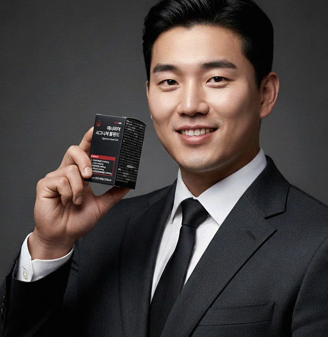 Korean Asian man 42 years old drinking water with supplement in modern kitchen evening
