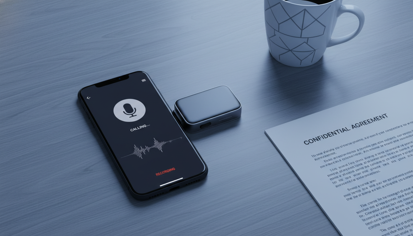 2026년 기준 아이폰 통화녹음 합법적 설정 및 맥세이프 기기를 보여주는 업무용 데스크 이미지