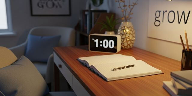 Desk-with-notebook-and-pen-near-a-window-golden-hour-light