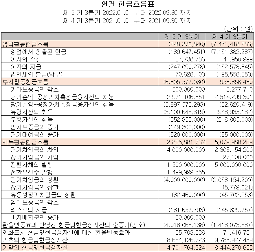네온테크 - 현금흐름표