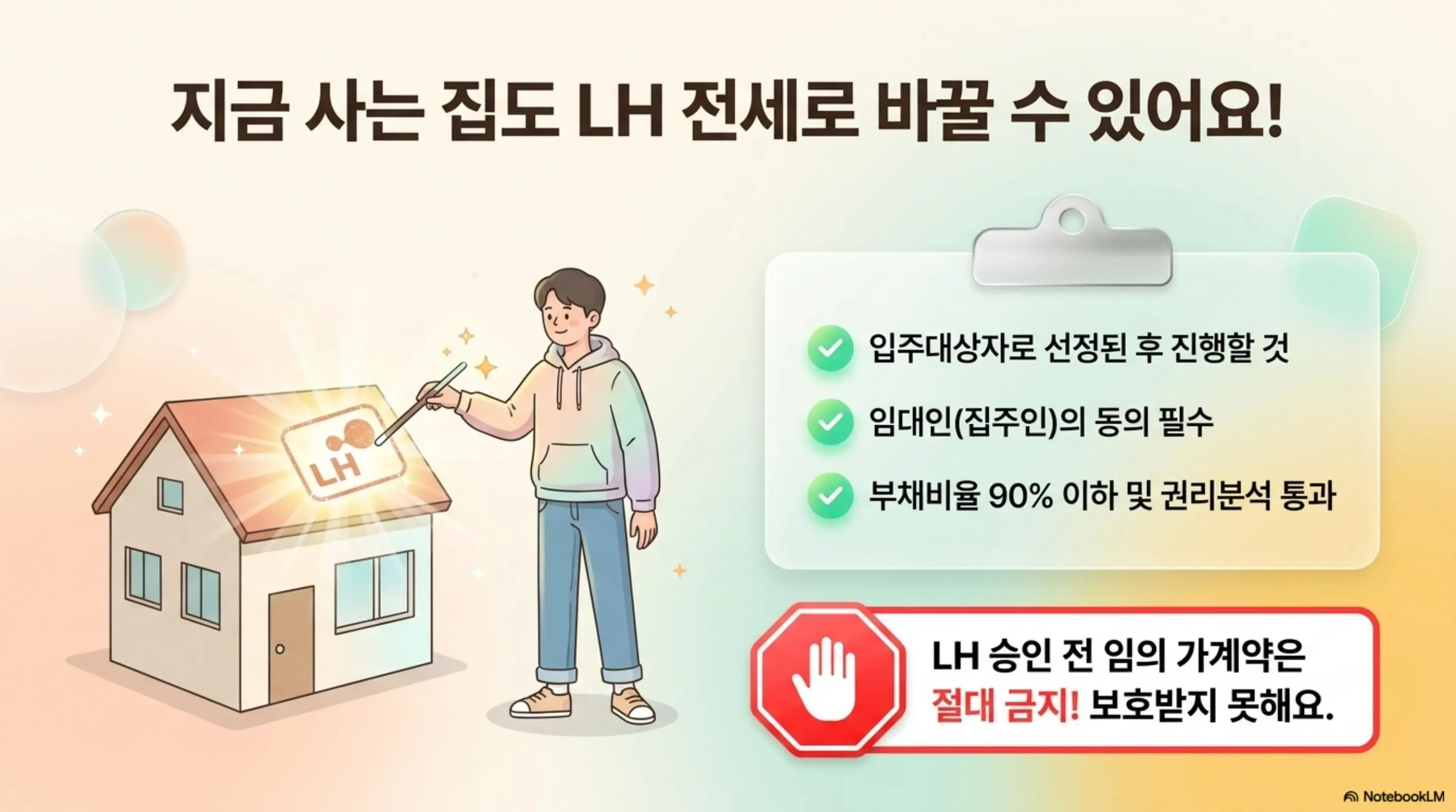 LH 전세임대주택 조건: 현재 살고 있는 집도 LH 전세임대로 전환할 수 있다는 내용을 안내하는 일러스트. 입주대상자 선정 후 진행할 것과 임대인 동의 필수 그리고 부채비율 90% 이하 및 권리분석 통과라는 세 가지 조건을 체크리스트로 보여주며 LH 승인 전 임의 가계약은 절대 금지라는 주의사항을 전달함