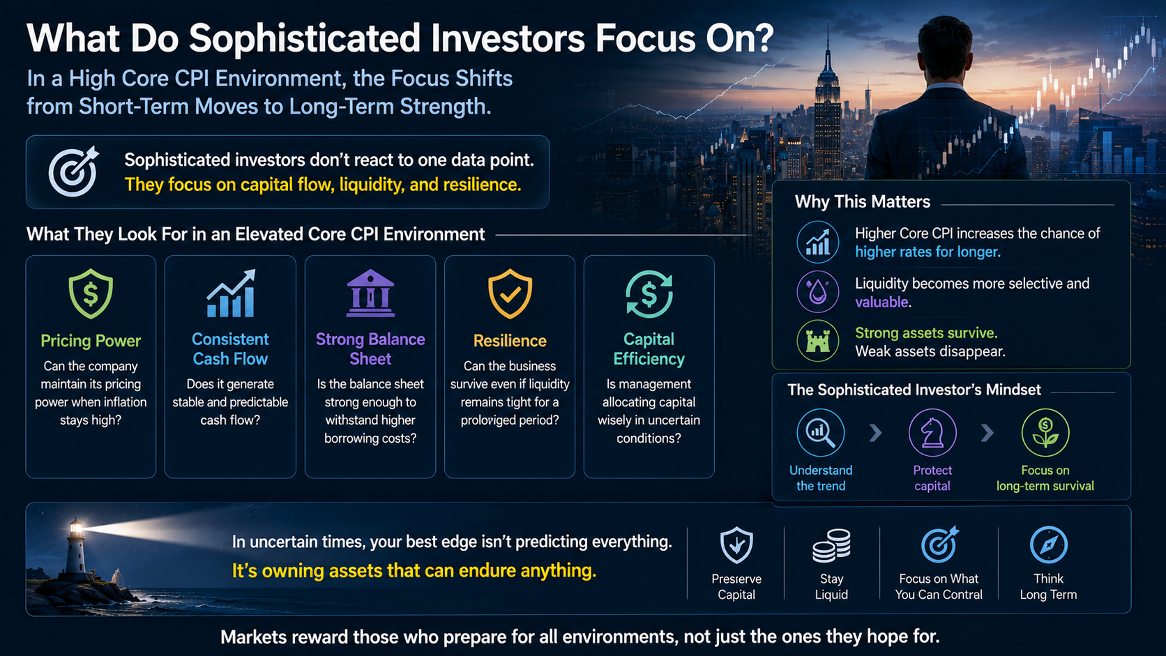 Wealthy investor strategy infographic focusing on pricing power, cash flow strength, balance sheet resilience, and long-term asset survival.