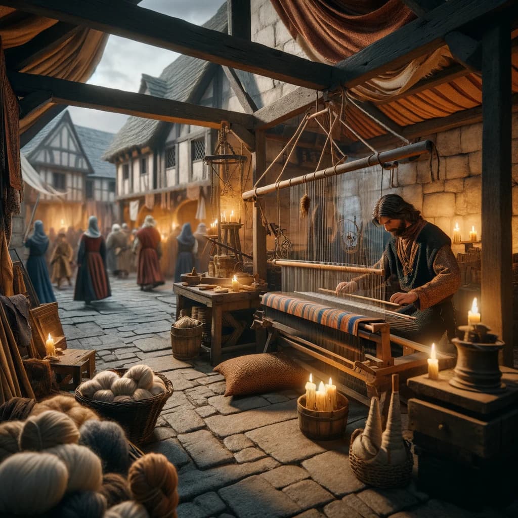 중세 유럽 직조공(Weaver)이 작업하고 있는 모습