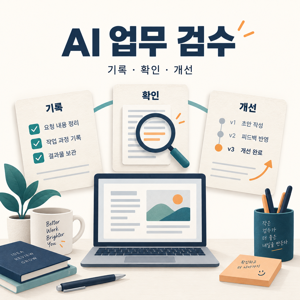 AI 업무의 기록, 근거 확인, 개선 과정을 표현한 일러스트