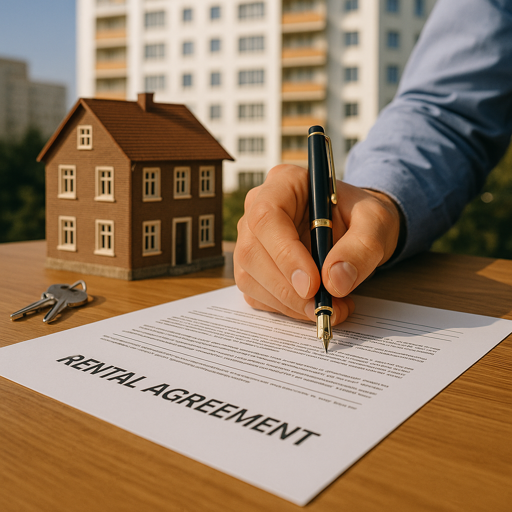 전월세 신고제 임대 계약서에 서명하는 손과 옆에 놓인 주택 모형, 열쇠, 아파트 배경의 이미지
