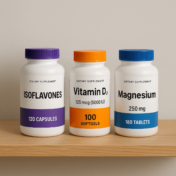갱년기에 도움되는 이소플라본, 비타민D, 마그네슘 영양제가 정리된 선반