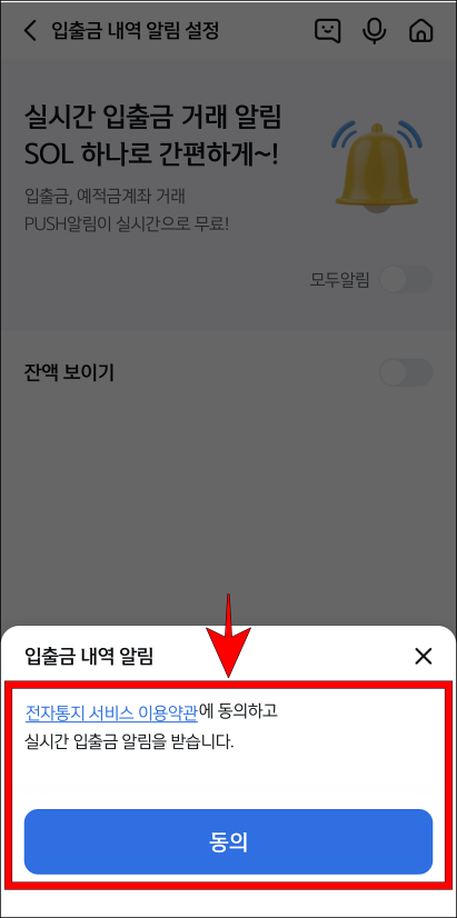 입출금 내역 알림 서비스의 이용약관에 동의