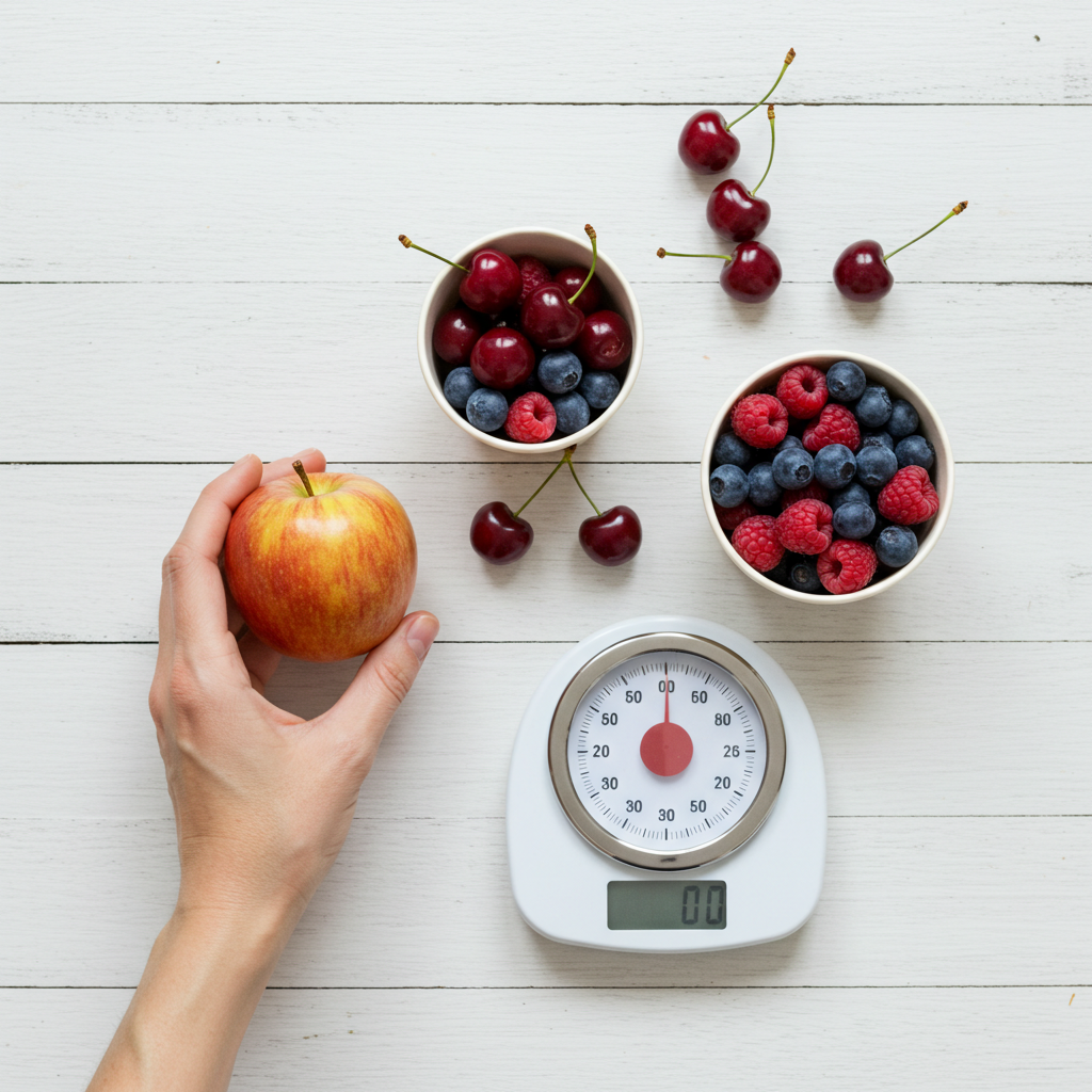 손, 종이컵, 저울 등을 이용해 사과, 베리, 체리 등 과일의 1회 섭취량을 조절하는 모습을 보여주는 이미지.