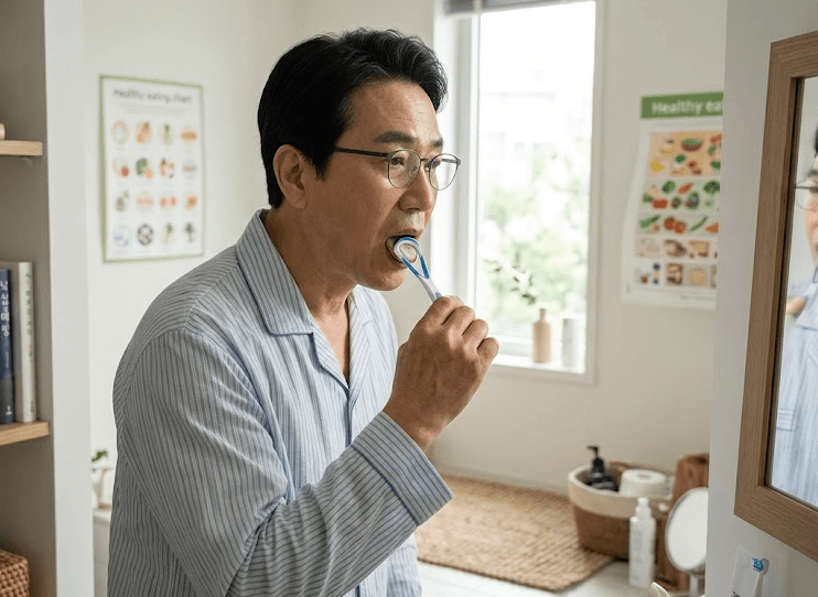 입 냄새 개선을 위해 아침 양치 전에 혀 클리너로 관리하고 있는 중년 남성