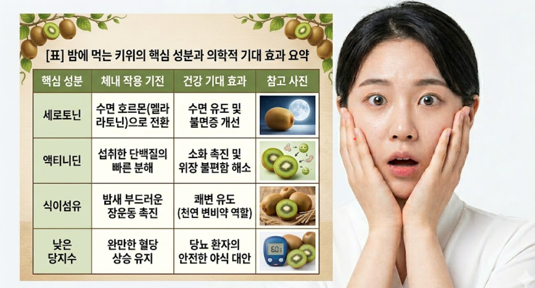 밤에 먹는 키위의 핵심 성분과 의학적 기대 효과 요약표