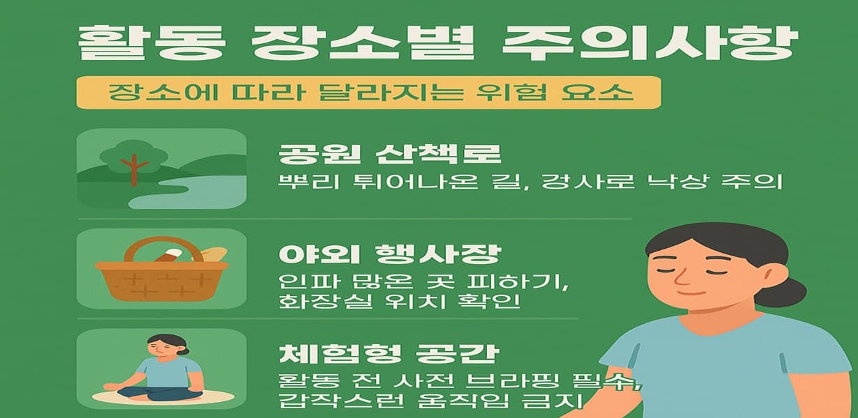 “활동 장소별 주의사항을 안내하는 인포그래픽 이미지”