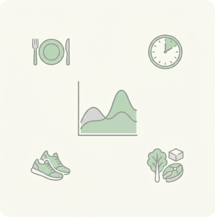 식사 후 혈당 스파이크를 완만하게 줄이는 방법(식사 순서&amp;#44; 조합&amp;#44; 식후 걷기)을 아이콘으로 표현한 이미지 