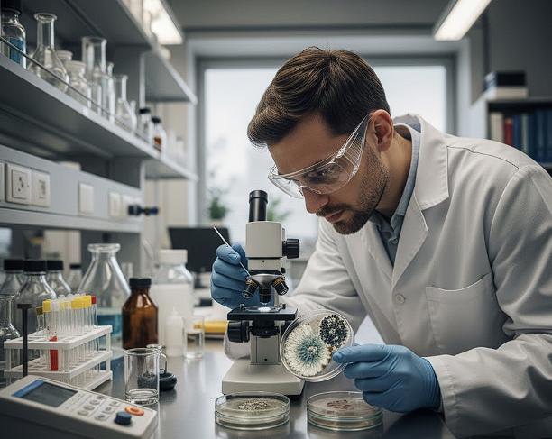 실험실에서 페트리 접시에 있는 진균 배양 샘플을 분석하고 있는 연구원의 모습