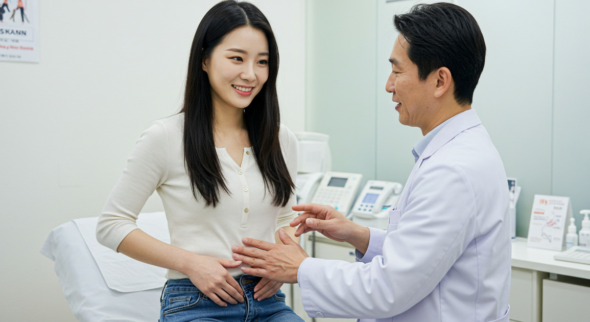 건강검진 중 체질량 지수 확인 받으러 온 여성 이미지