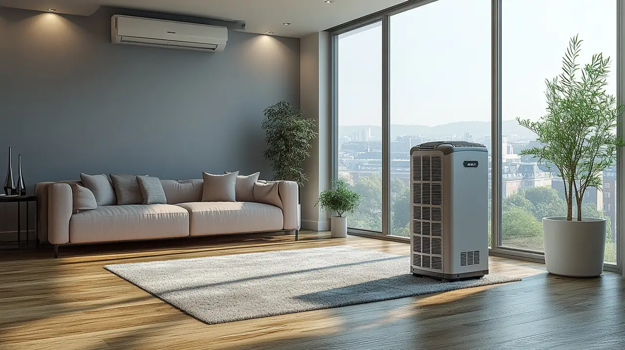 현대적인 거실에서 이동식 에어컨이 큰 창가에 배치되어 시원한 바람을 제공하며 아늑한 분위기를 자아냅니다. 차분한 색조의 목조 바닥이 공간과 조화를 이루고 있습니다.