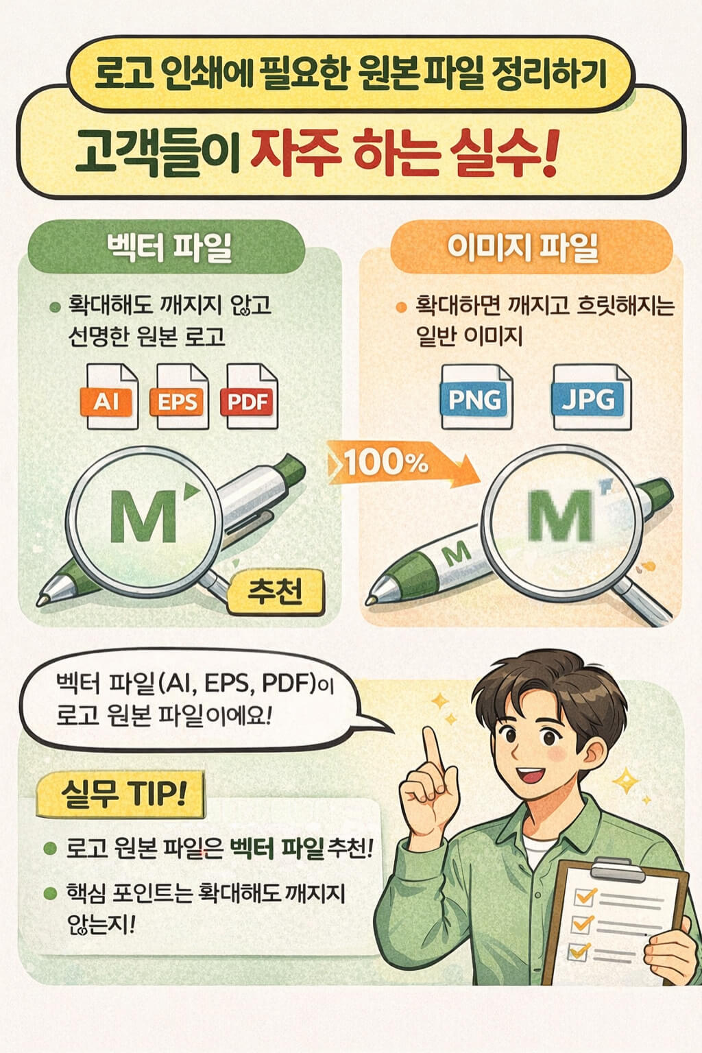 로고 원본파일 기준에서 벡터 파일 AI EPS PDF와 이미지 파일 PNG JPG 차이를 비교하고 볼펜 인쇄용 추천 파일 형식을 설명하는 안내 이미지