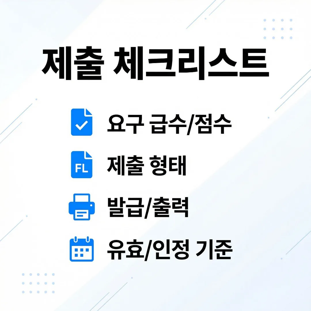 한능검 제출 체크리스트 안내 이미지(요구 급수/점수, 제출 형태, 발급/출력, 유효/인정 기준)