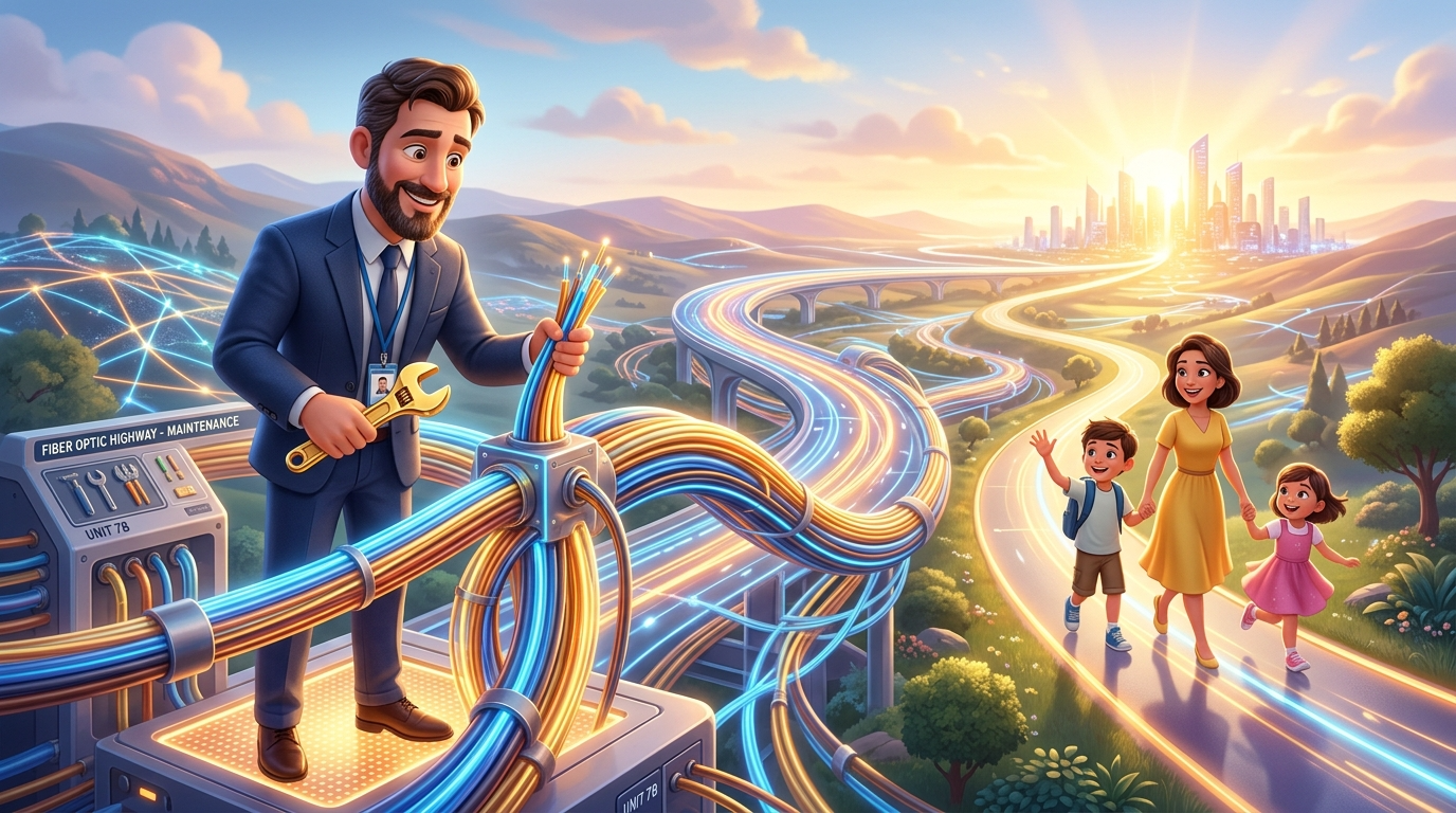 아빠가 든든한 황금 렌치를 들고 거대한 AI 광통신 고속도로를 정비하고 있으며, 그 너머로 가족들이 밝게 웃으며 미래로 향하는 따뜻한 3D 일러스트