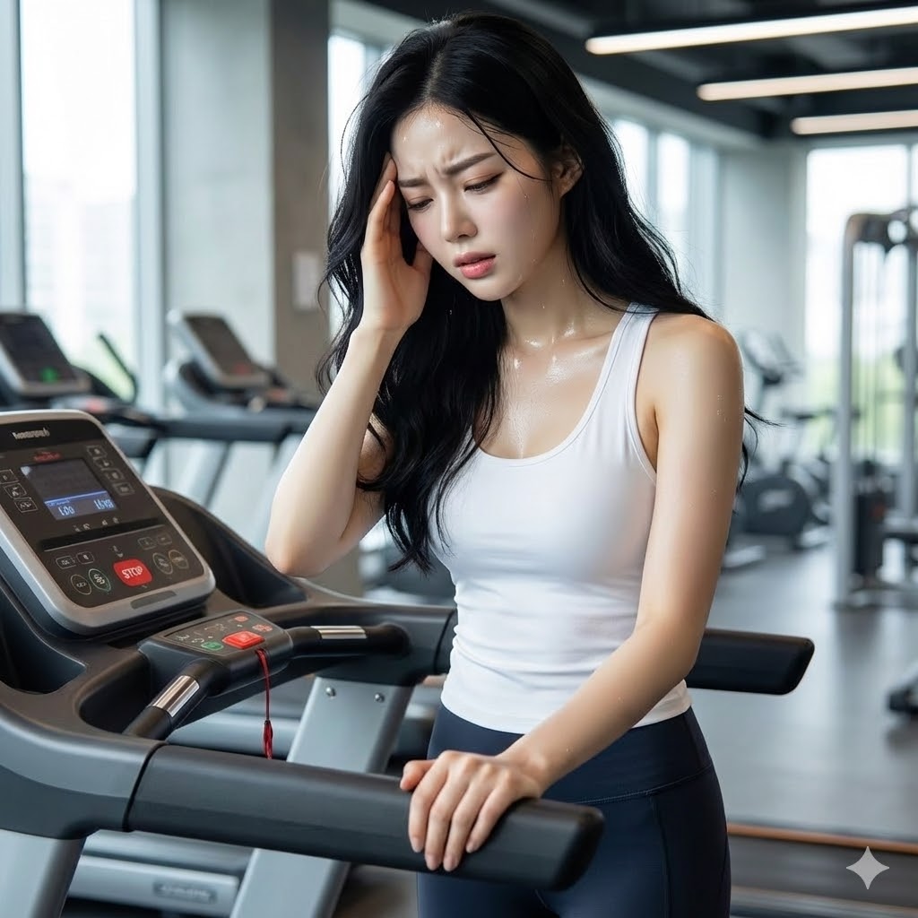 다이어트 중 어지럼증으로 힘들어하는 여성 사진