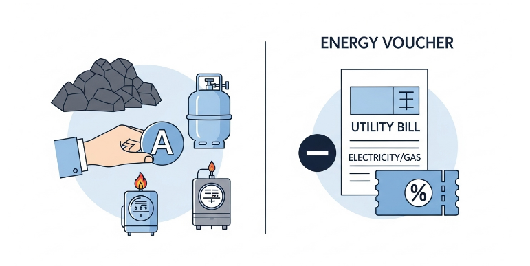 에너지 바우처를 국민행복카드로 사용하거나 전기, 가스 요금에서 차감하는 두 가지 사용 방식을 보여주는 이미지.