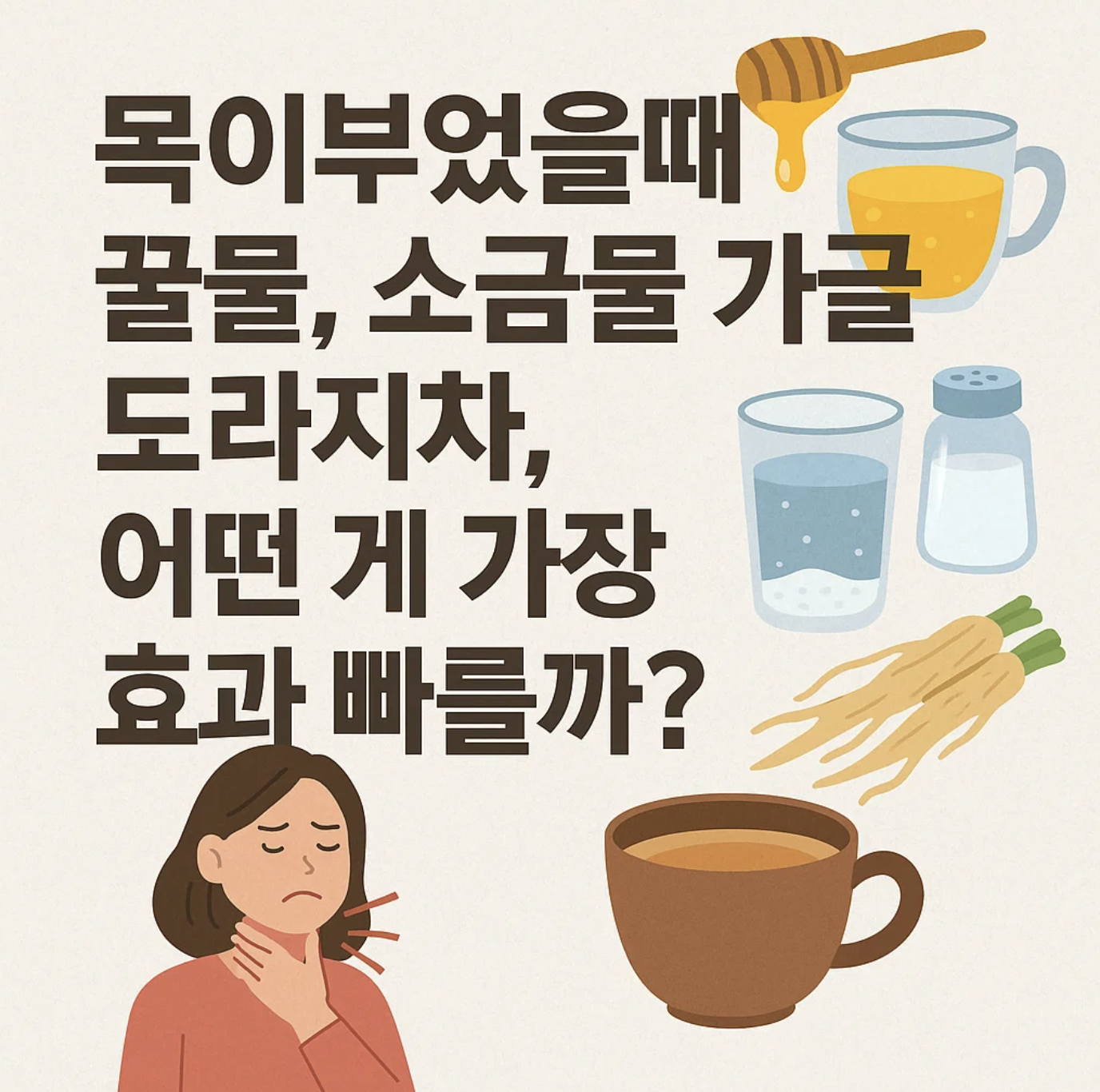 목이부었을때 꿀물, 소금물 가글, 도라지차, 어떤 게 가장 효과 빠를까?