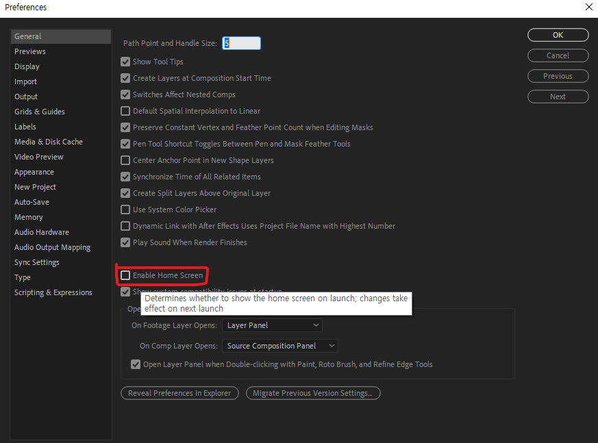 Enable home screen 체크 해제