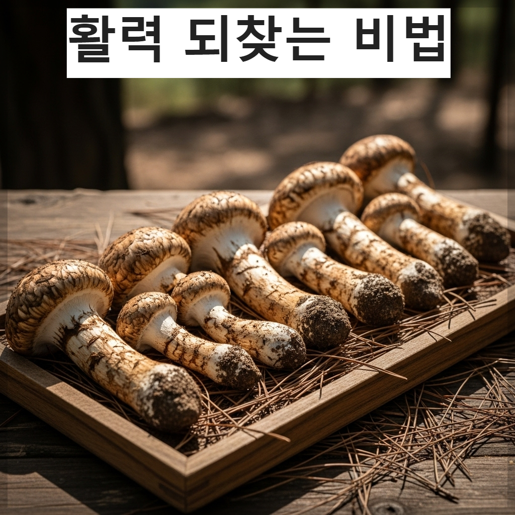 깊은 솔향이 느껴지는 신선한 송이버섯이 한국 전통 소반 위에 정갈하게 담겨 있는 고화질 사진